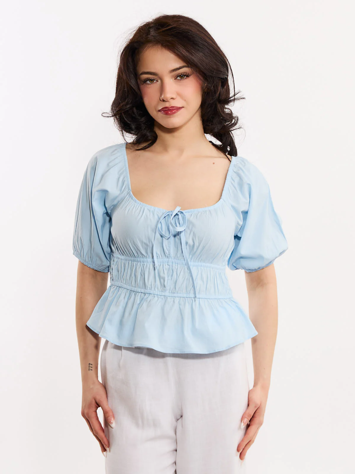 Cindy Bubble Short Sleeve Tie-Front Top
