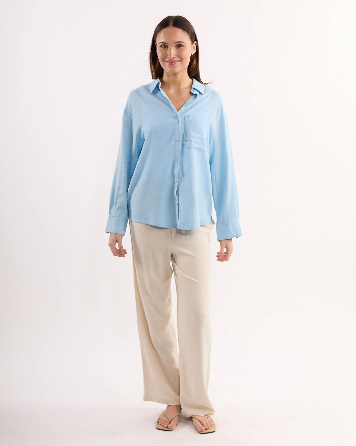 Linen Button-Down Long Sleeve Blouse