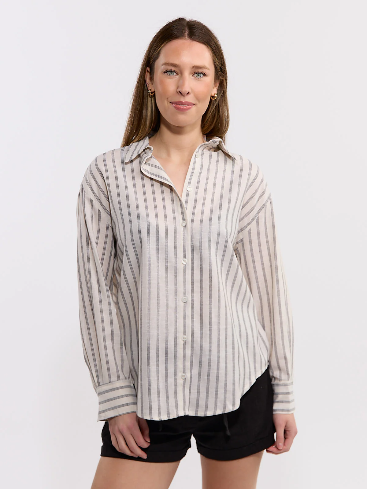 Striped Boxy Long Sleeve Woven Top